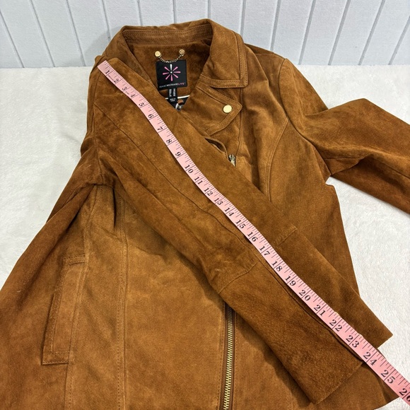 Isaac Mizrahi Leather Suede Motorcycle Moto Jacket Brown Gold Size 12 - Picture 7 of 13